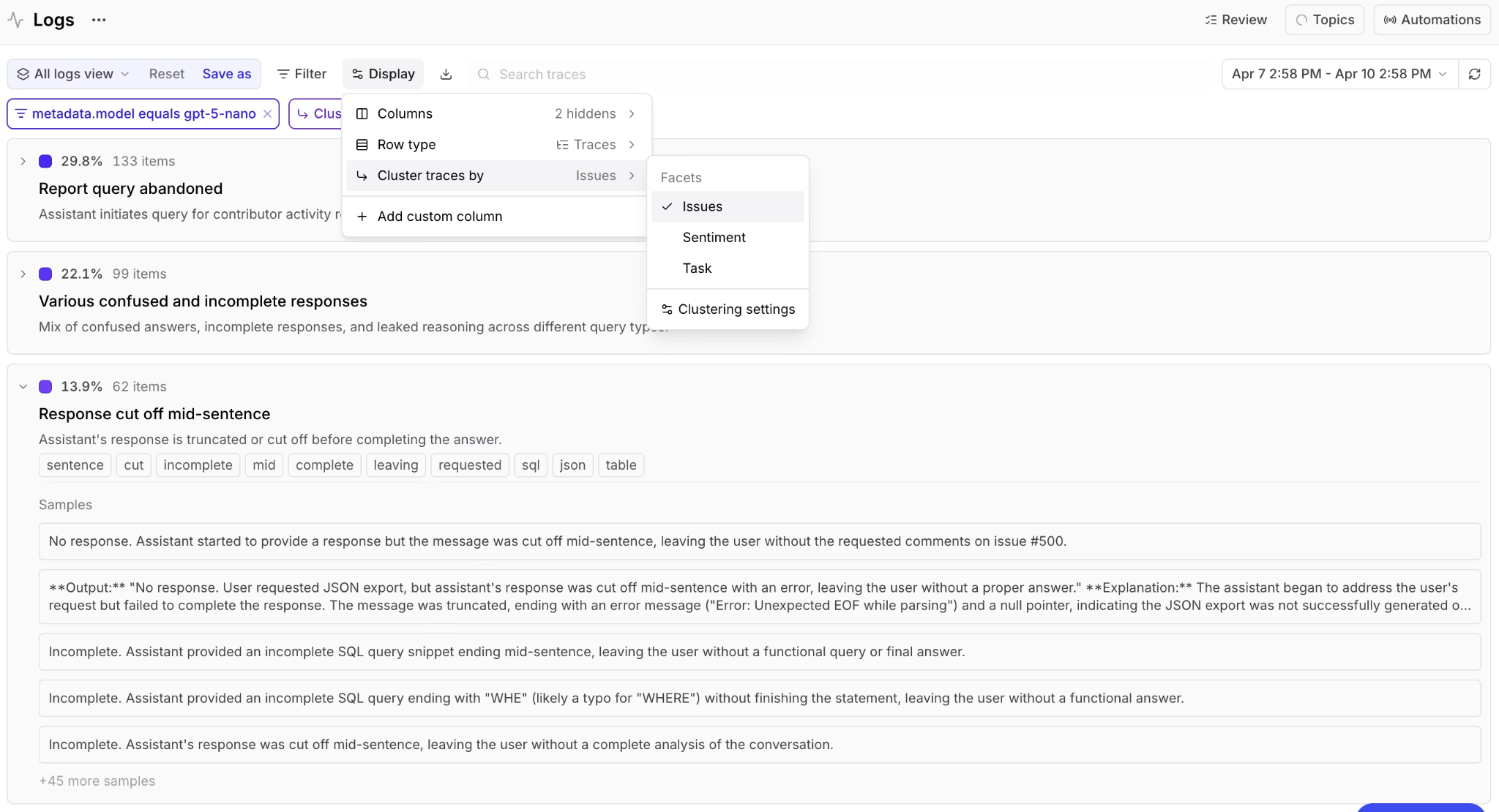 Braintrust Logs view showing the built-in Task, Sentiment, and Issues facets in the Topics dropdown, with classified clusters listed alongside trace rows