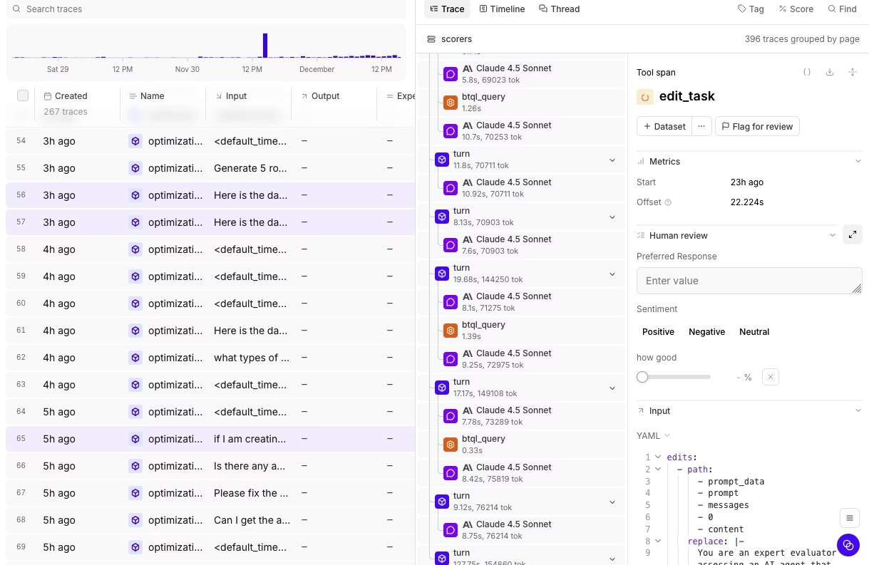 Braintrust trace view showing the captured LLM request and response with model metadata, token usage, cost, and latency